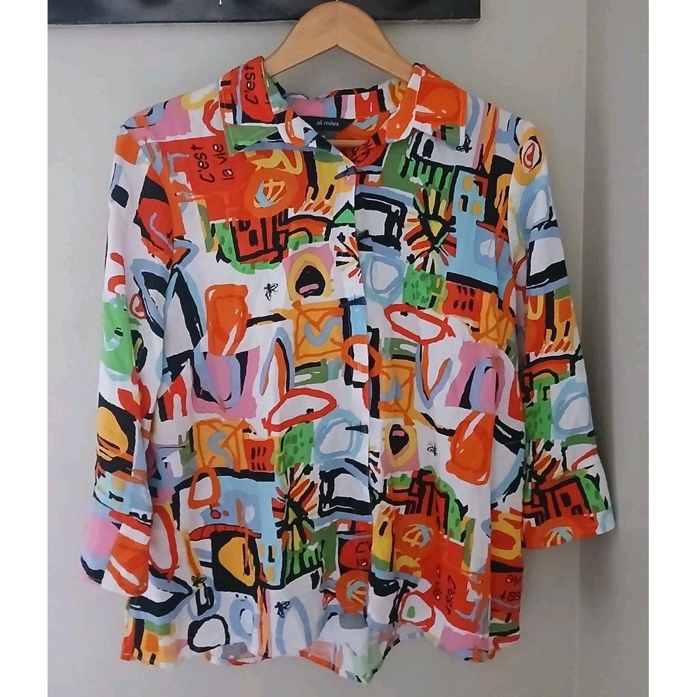 Ali Miles Button Front Blouse Size Large Petite Bright Artsy Geometric Zip Back